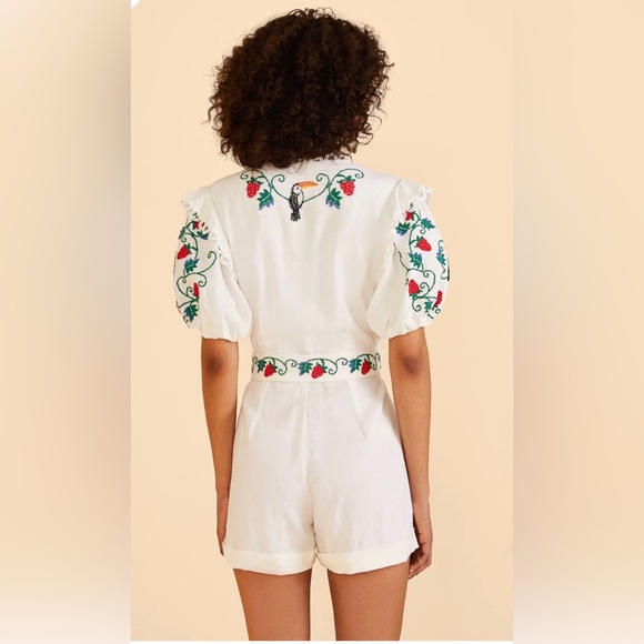 Farm Rio
Cross Stitch Toucan Embroidered Romper White Linen Size S NWT - Picture 4 of 6